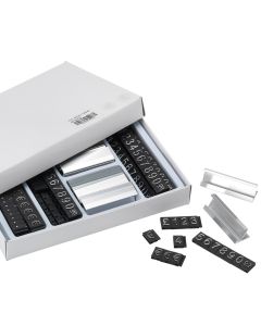 Prismærkesett, 180 stk, sorte med sølv tekst.(0-9, komma, euro) B 8 x H 12 mm, 16 standere