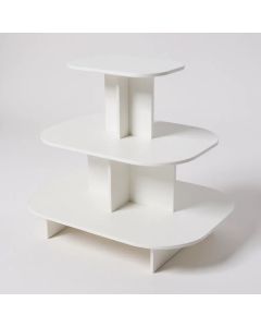 Pyramide oval - 3-lagsbord. Hvit melamin.  L 120 x D 90 x H 106 cm. Afrundet podie 3 niveauer