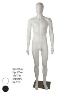 Herremannequin med lige arme, hoved uden ansigtstræk H 186 cm. Børstet satin metal fodplate. Velg mellem sort eller hvid