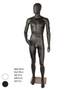Herremannequin med bøjet arm, hoved uden ansigtstræk H 186 cm og børstet satin metal fodplate. Velg farge