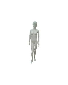 Realistic damemannekeng.  Hvit med hoved, ansikt og skulpterede hår. Rund metalfot. Model A
