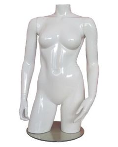Dametorso i  glassfiber. Hvit high gloss uden hoved. Torso med hofter. På fotplate.