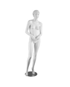 Realistic damemannekeng.  Hvit med hoved, ansikt og skulpterede hår. Rund metalfot. Hånd i hånd