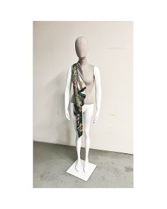 Damemannekeng - torso med hoved m. net, egghead, øre i hørfarget. Metall fotplate. Hvit high gloss. Luffehænder.