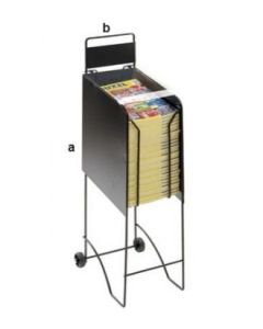 Katalogstander til A4 blade. Sort metal med hjul og smalt skilt. 21.5 x H 97 cm