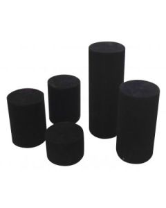 Smykkedisplays. Sett med 5 cylinderformede smykkedisplays i sort flock.