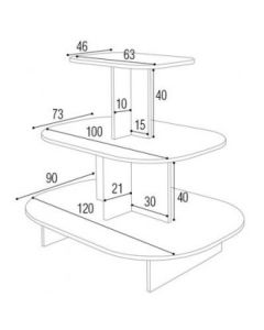 Pyramide oval - 3-lagsbord. Hvit melamin.  L 120 x D 90 x H 106 cm. Afrundet podie 3 niveauer