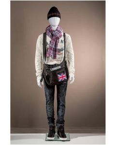 Barnmannekeng, 12 år,med hoved, uden ansikt, hvit high gloss, m/glass fotplate, H154 cm